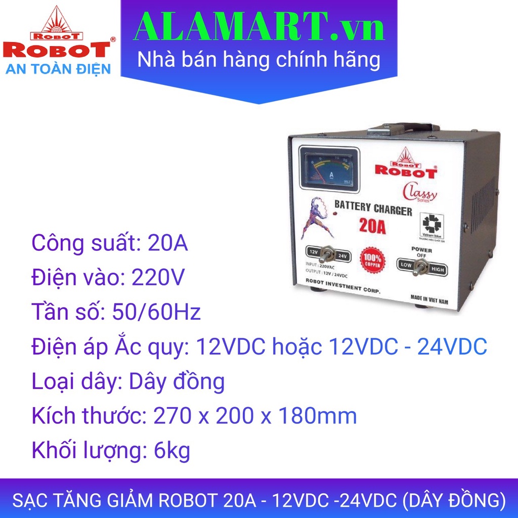 MÁY SẠC ẮC QUY ROBOT TĂNG GIẢM 20A (12V-24V, DÂY ĐỒNG)