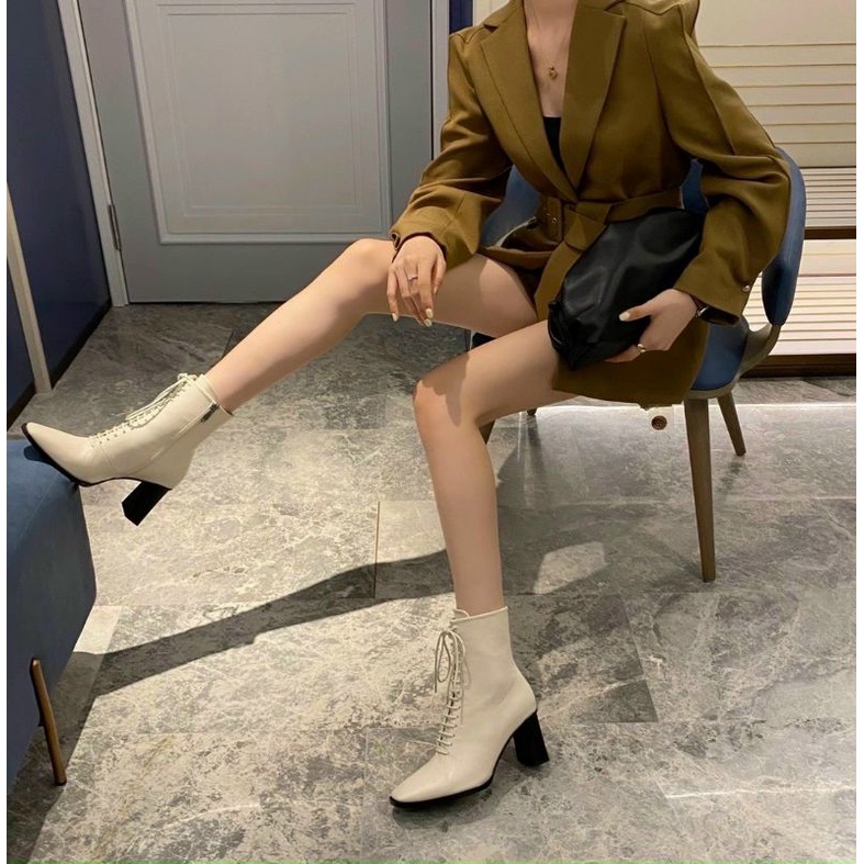 X(ẢNH THẬT) Boot Cổ Thấp Gót 7p Dây Buộc Sexy  Da Mềm Êm Fullbox Cao Cấp