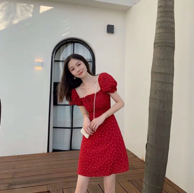 [Mã WASTMAY giảm 15% tối đa 30K đơn 150K] (sẵn S/M) Váy đỏ chấm bi ulzzang / Đầm đỏ cổ vuông tay bồng Quảng Châu | BigBuy360 - bigbuy360.vn