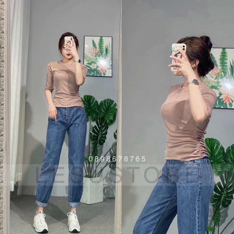 ẢNH TỰ CHỤP Quần Momjeans trơn không co giãn