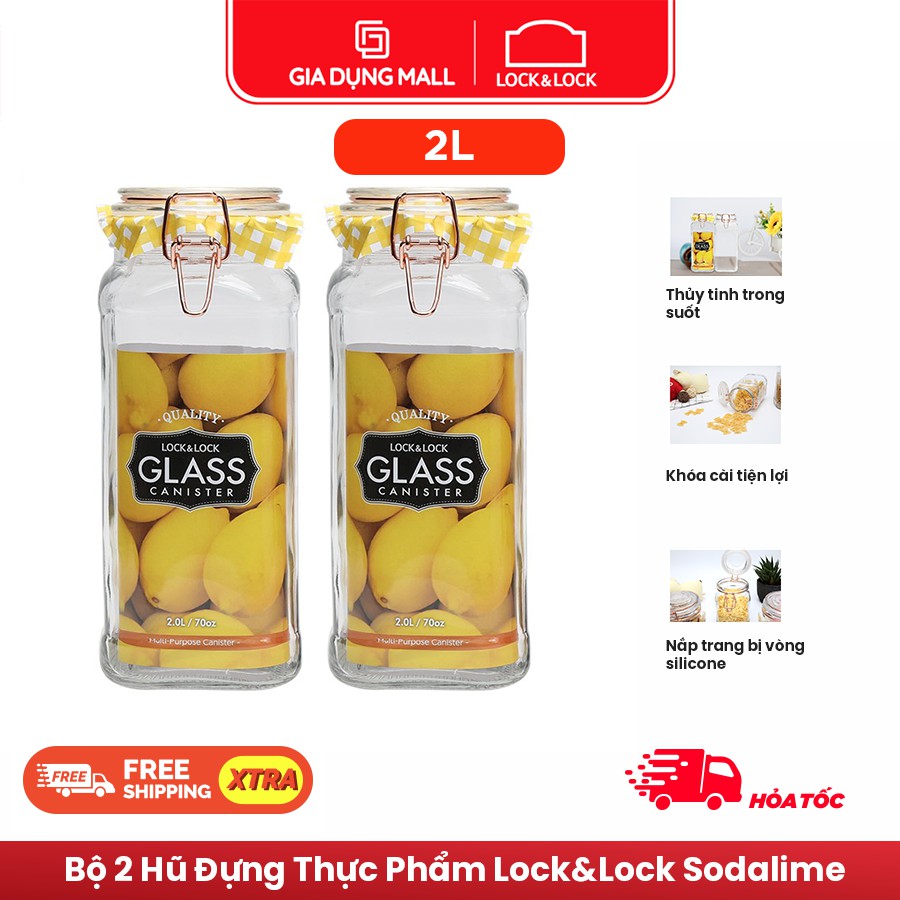 Bộ 2 Hũ Đựng Thực Phẩm Bằng Thủy Tinh Lock&amp;Lock Sodalime LLG518S01 (2L) LLG517S01 (1.4L) - Hàng Chính Hãng