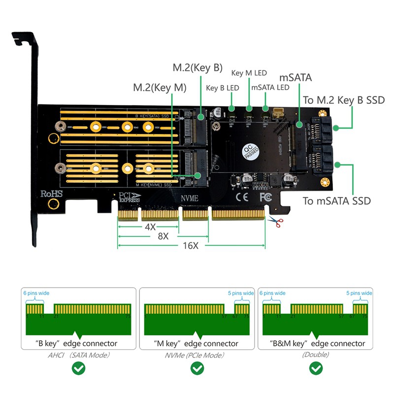 3 in 1 Msata and M.2 NVME SATA SSD to PCI-E 4X and SATA3 Adapter PCIE