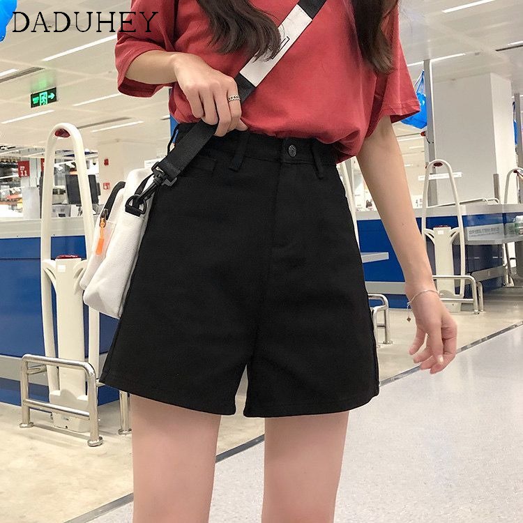 Daduhey Quần short denim ống rộng eo cao thiết kế thời trang phong cách Hàn Quốc