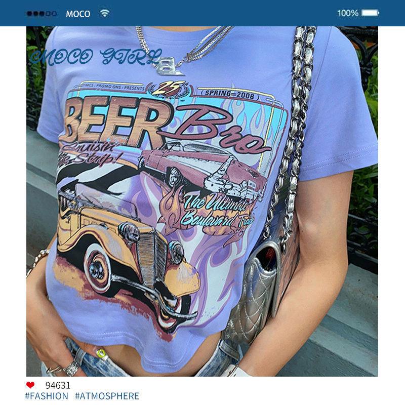 Áo Thun Tay Ngắn 100% Cotton Nguyên Chất In Họa Tiết Phong Cách Retro Mỹ Thời Trang Cho Nữ