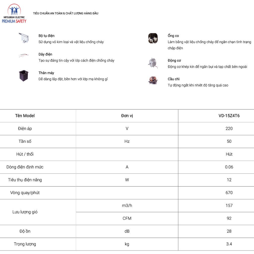 Quạt hút âm trần nối ống gió Mitsubishi VD-15Z4T6  bảo hành chính hãng tại trung tâm Mitsubishi