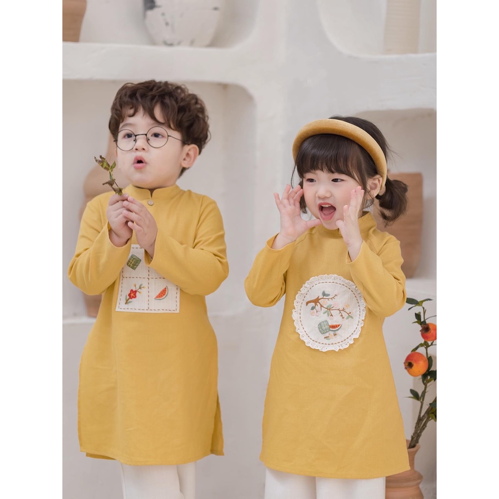 Áo Dài Cổ Truyền Tết Thêu Dành Cho Bé Trai Bé Gái - AD11