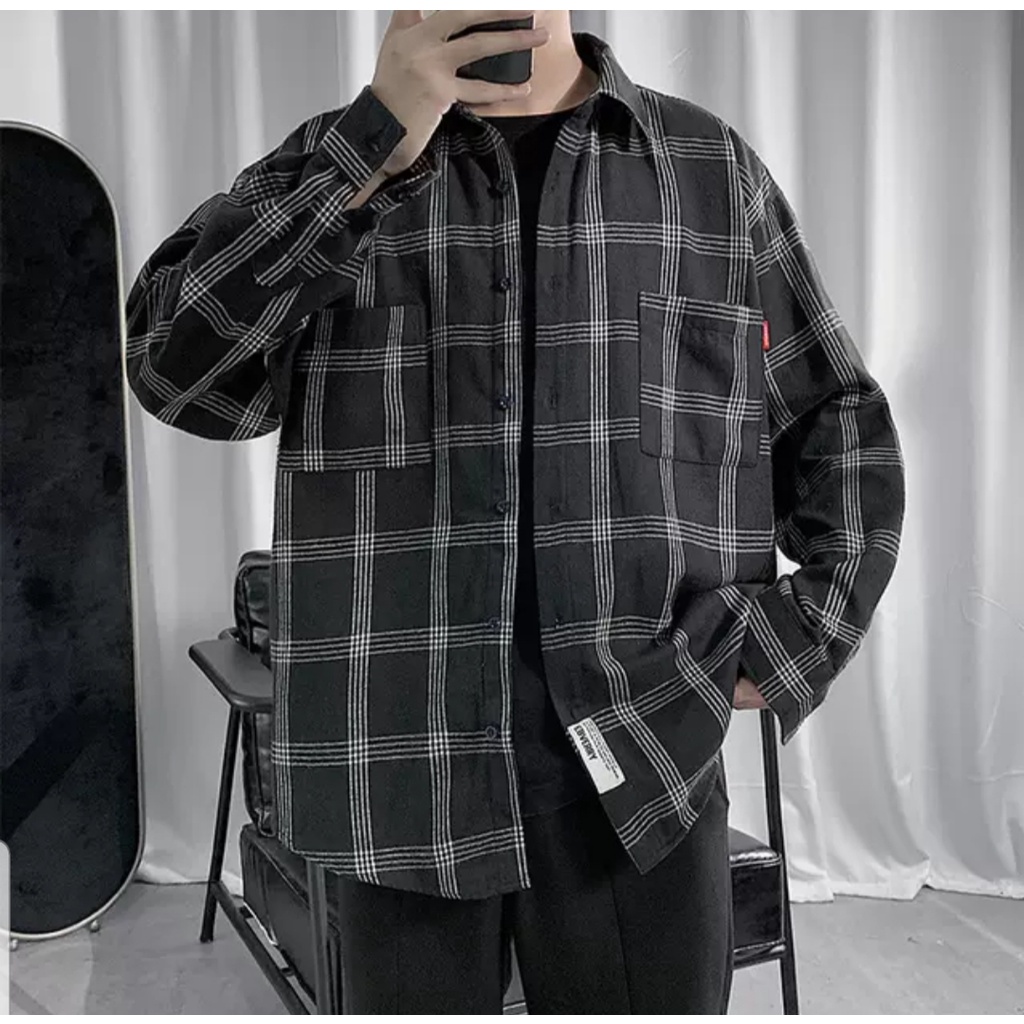 Áo sơ mi kẻ MEANSTORE nam nữ dài tay Oversize form rộng ulzzang không nhăn dáng suông - kẻ caro đen