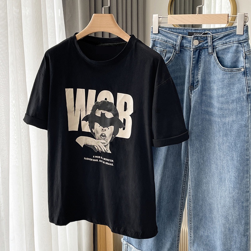 Áo Thun Tay Ngắn Cổ Tròn Dáng Rộng In Chữ Thời Trang Hàn Quốc Cho Nữ