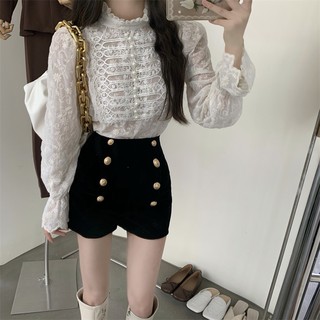 Set áo ren cổ cao tiểu thư phối quần short nhung