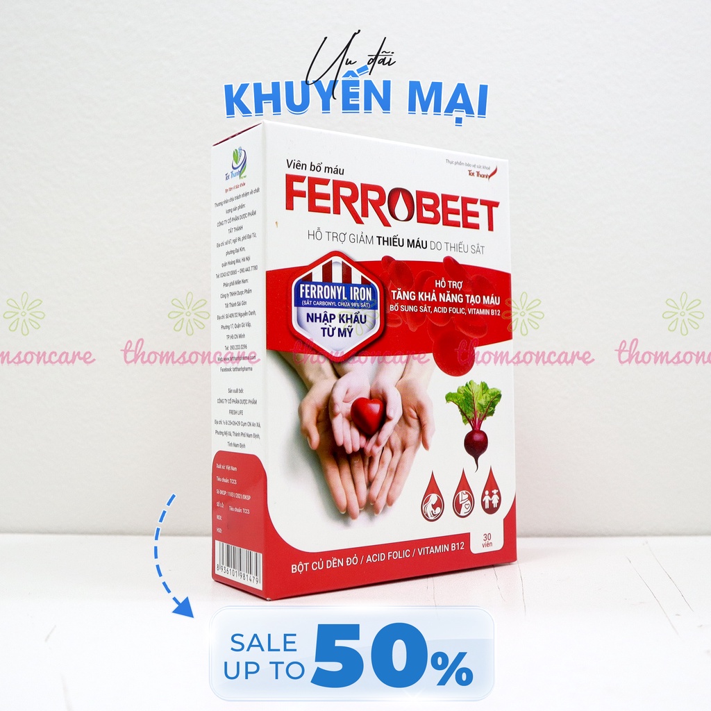 Bổ máu Ferrobeet - bổ sung Sắt, Acid Folic từ củ dền đỏ cho người thiếu máu - Hộp 30 viên