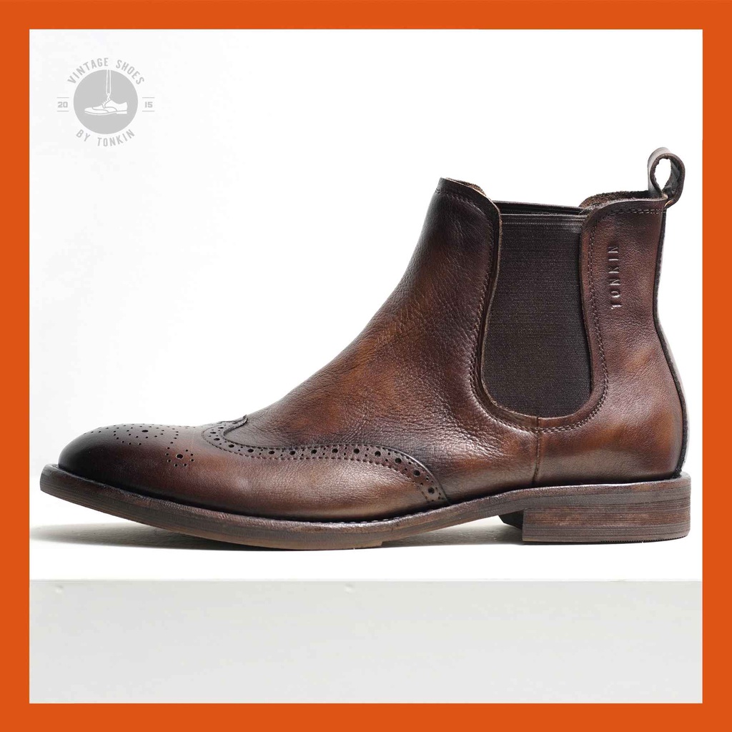 Giày boot nam cao cổ màu nâu CHELSEA WINGTIP, giày công sở da thật TONKIN