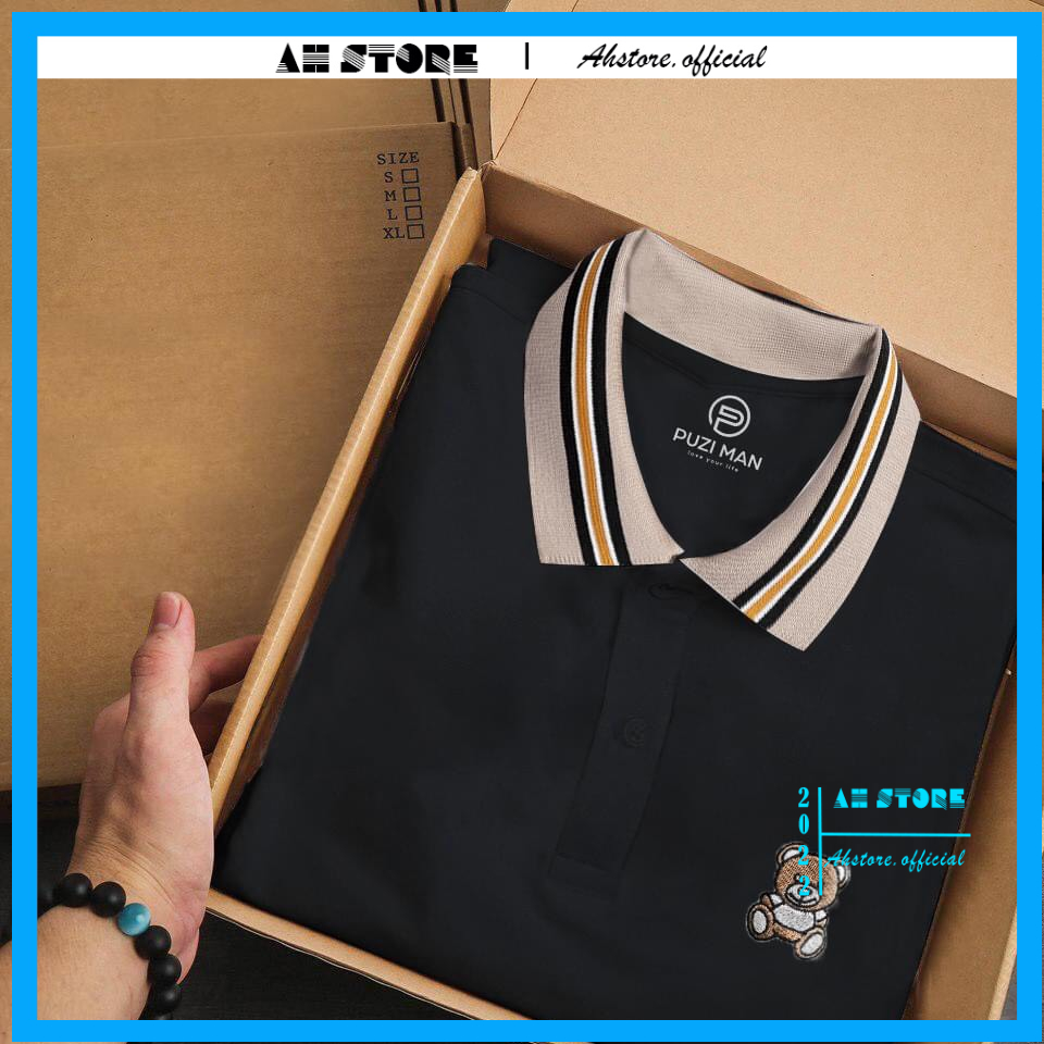 Áo polo nam cổ bẻ tay ngắn , Áo phông thun basic hoạ tiết thêu gấu có cổ vải cotton dày mịn - AHSTORE