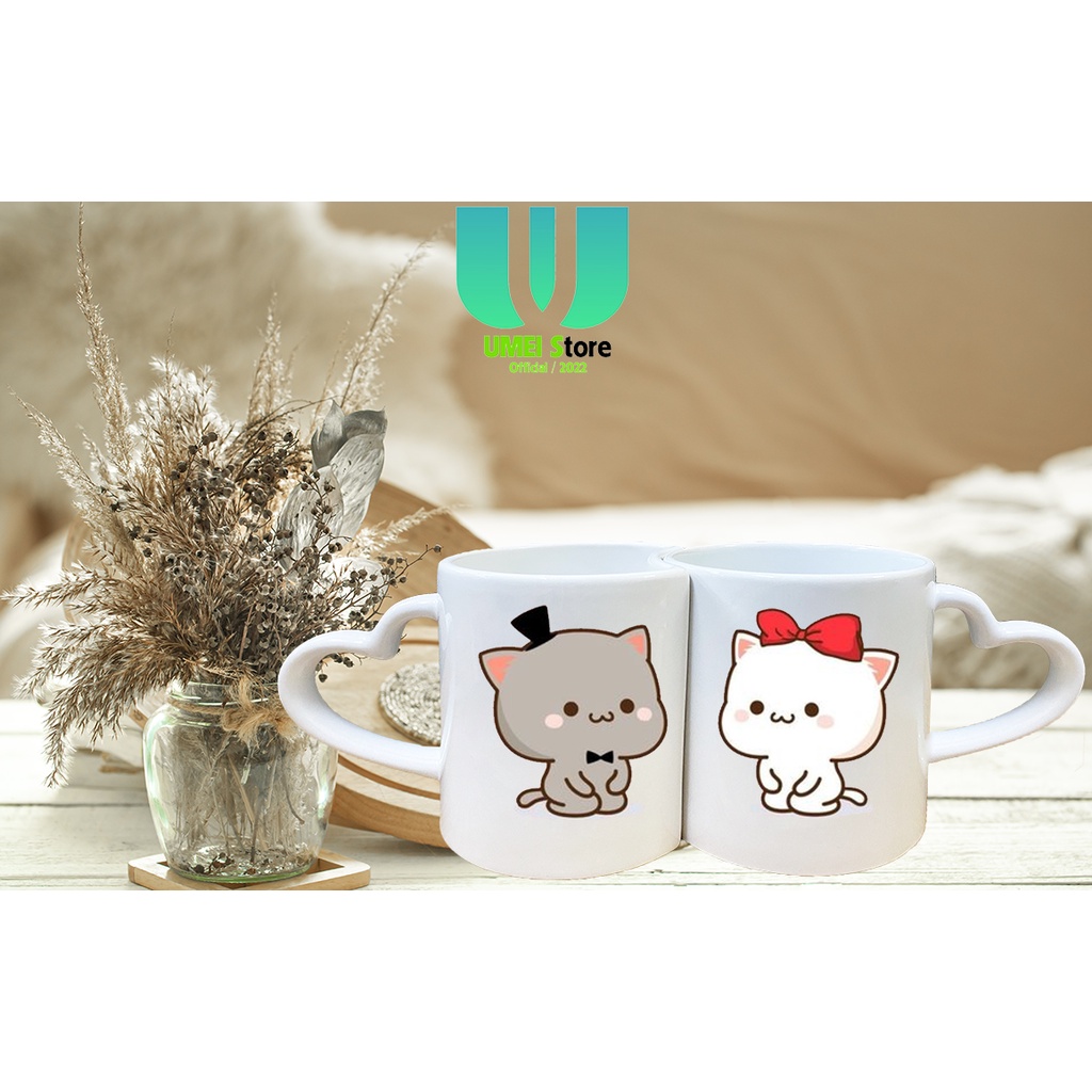 Cốc Đôi Sứ Trái Tim In Hình Cặp Đôi Mèo Dễ Thương Làm Quà Sinh Nhật Quà Cưới