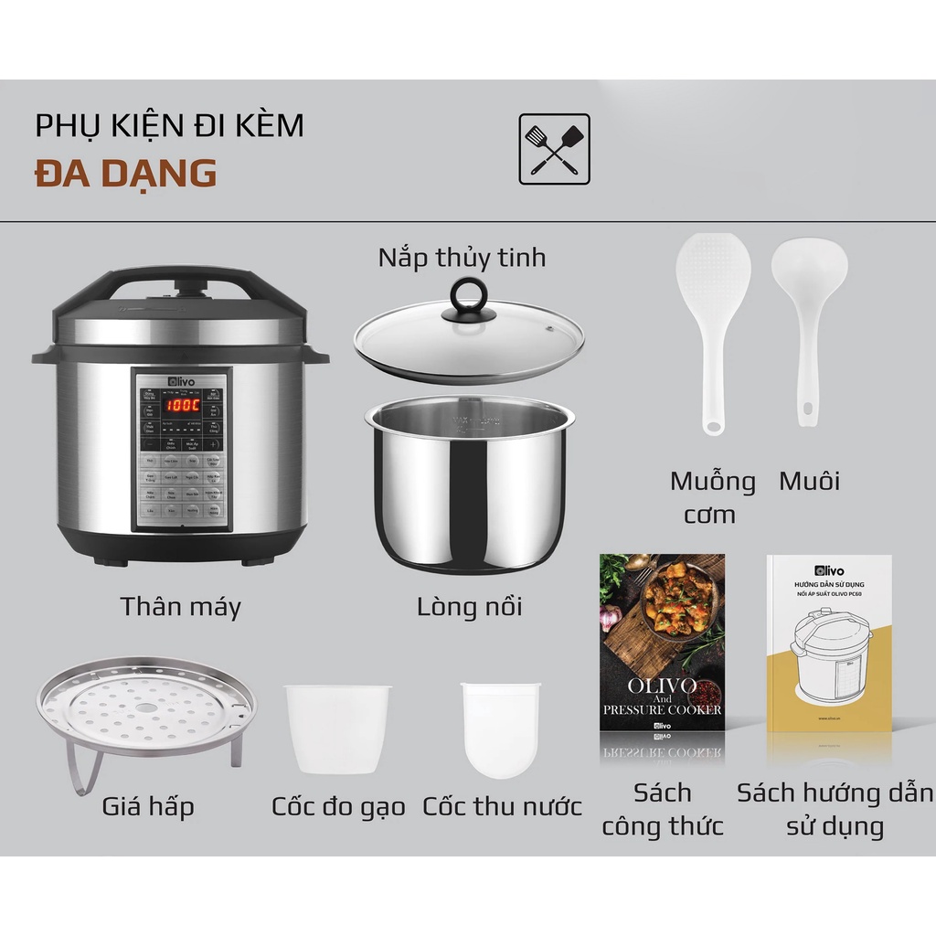 Nồi Áp Suất Điện Đa Năng OLIVO PC60, 6.0Lit-1000W, 16 Chức Năng Nấu, Bảo Hành Chính Hãng 2 Năm