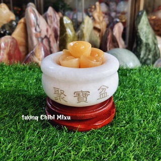 Bát Tụ Bảo bạch ngọc size 10cm (gồm 01 bát + 09 thỏi vàng + 01 đế gỗ)