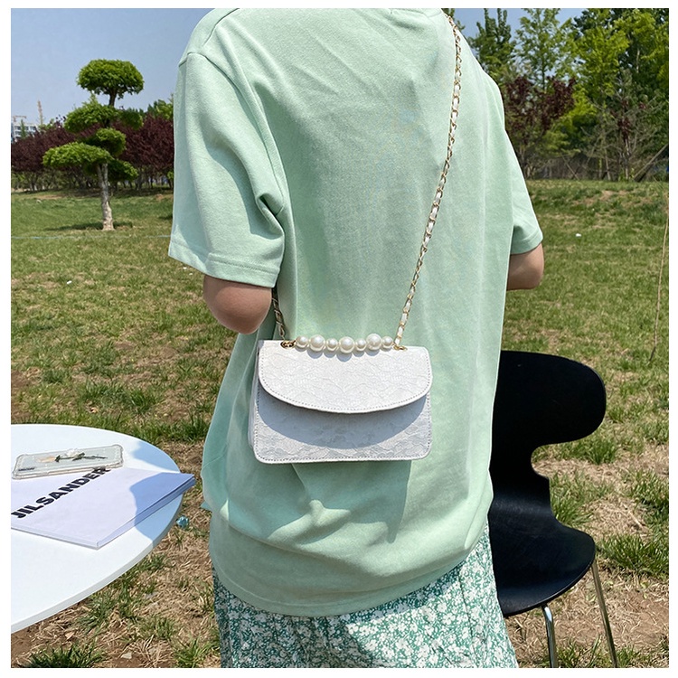 Túi xách đeo chéo nữ vải ren phối dây ngọc nhân tạo phong cách trẻ trung