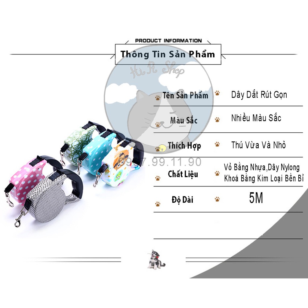 [FullBox]Dây Dắt Chó Mèo Tự Động Kéo Dài Và Thu Dây 5m Dây Dẫn Thú Cưng Dưới 15kg Chất Liệu Dây Nylon Kèm Khoá Kim Loại