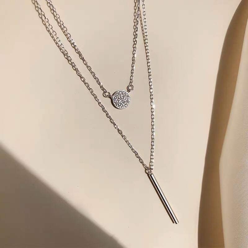 Dây chuyền bạc Dây kép 2 sợi mix mặt tròn đính đá và thanh line bạc ta