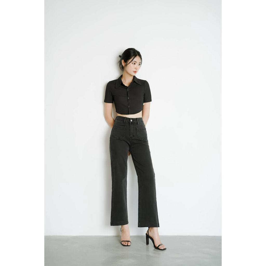 Áo thun nữ Méo shop form ôm cổ sơ mi tay ngắn croptop Navi