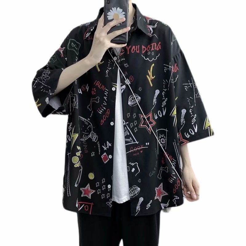 Áo sơ mi tay ngắn in hoạt hình trẻ trung cho nam