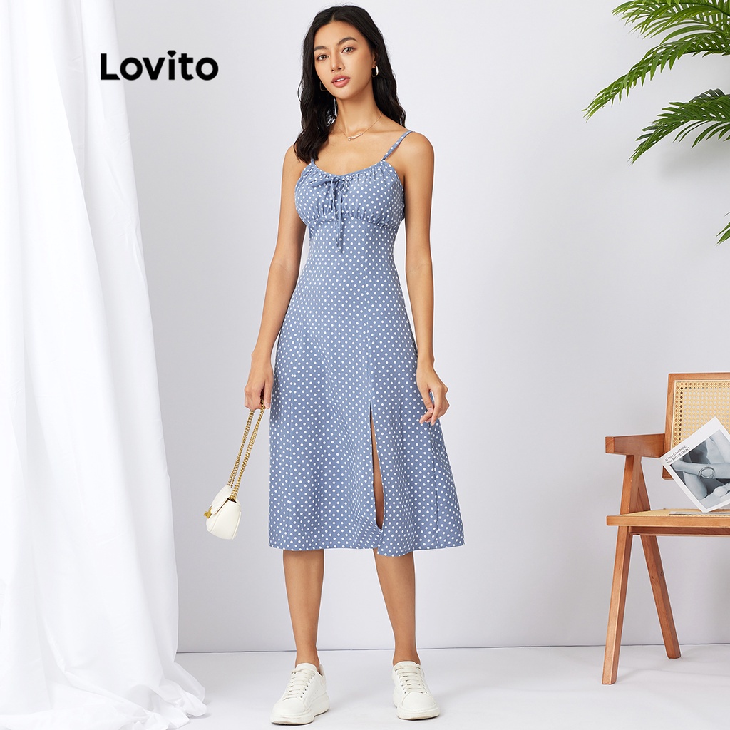 1221de-Lovito Thường xuyên Polka Dot Tie Split Front Spaghetti Straps Dress L21AS025 (Blue)