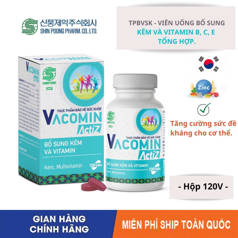 Viên Uống SHINPOONG VACOMIN ACTIZ Bổ Sung Kẽm &amp; Vitamin Tổng Hợp B, E, C - 120 Viên