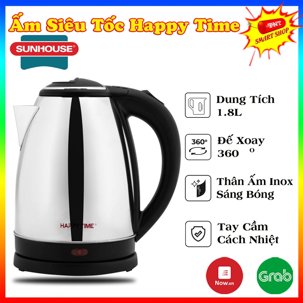 Bình Đun Siêu Tốc Inox Cách Nhiệt HTD1081, Siêu Bền, Cách Điện- Ấm Siêu Tốc Đun Nước Happy Time SunHouse 1,8l