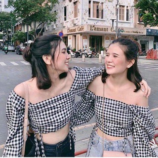 ÁO TRỄ VAI KẺ CARO RÚT DÂY MẶC NHIỀU KIỂU DÀI TAY HOT