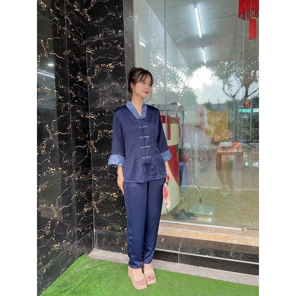 Đồ lam đi chùa lụa cao cấp, thời trang nữ, đồ bộ đi chùa, la hán phối
