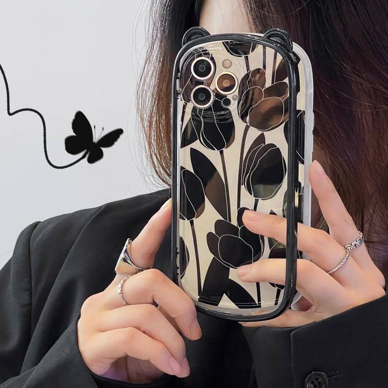 Ốp Điện Thoại Họa Tiết Hoa Tulip Viền Đen Kèm Giá Đỡ Chống Sốc Cho iPhone 13 12 11pro max xr xsmax