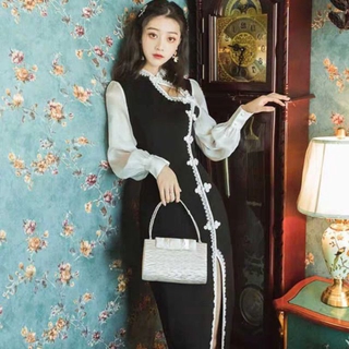 //SỈ BẰNG LẺ // đầm sườn xám cách tân đen tay phối trắng ôm body xẻ nữ tính trung hoa