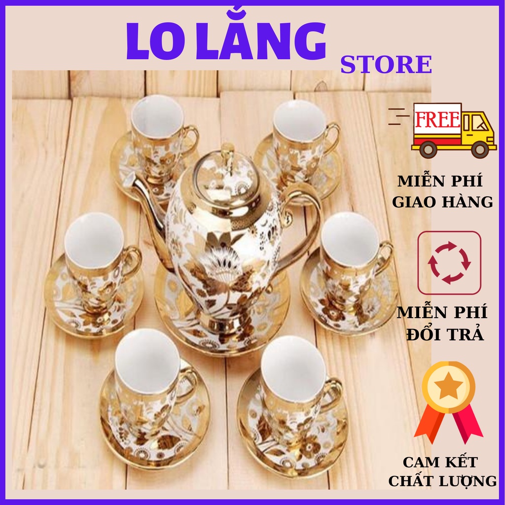 Bộ tách trà hoa văn nhũ vàng hoàng gia6 ly kèm 7 dĩa - Bộ ấm pha trà giao mẫu ngẫu nhiên dùng làm quà tặng cao cấp