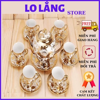 Bộ tách trà hoa văn nhũ vàng hoàng gia 6 ly kèm 7 dĩa - Bộ ấm pha trà giao mẫu ngẫu nhiên dùng làm quà tặng cao cấp