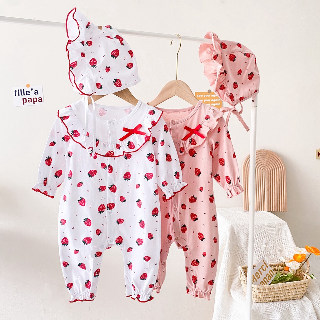 Áo liền quần Sanlutoz tay dài in họa tiết dâu tây dễ thương kèm nón xinh xắn cho bé gái