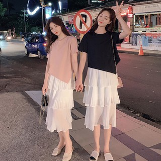 Set áo thun ngắn tay và chân váy xếp tầng thời trang dành cho nữ