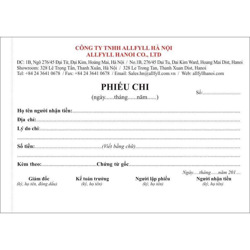 In phiếu thu , phiếu chi công ty theo yêu cầu