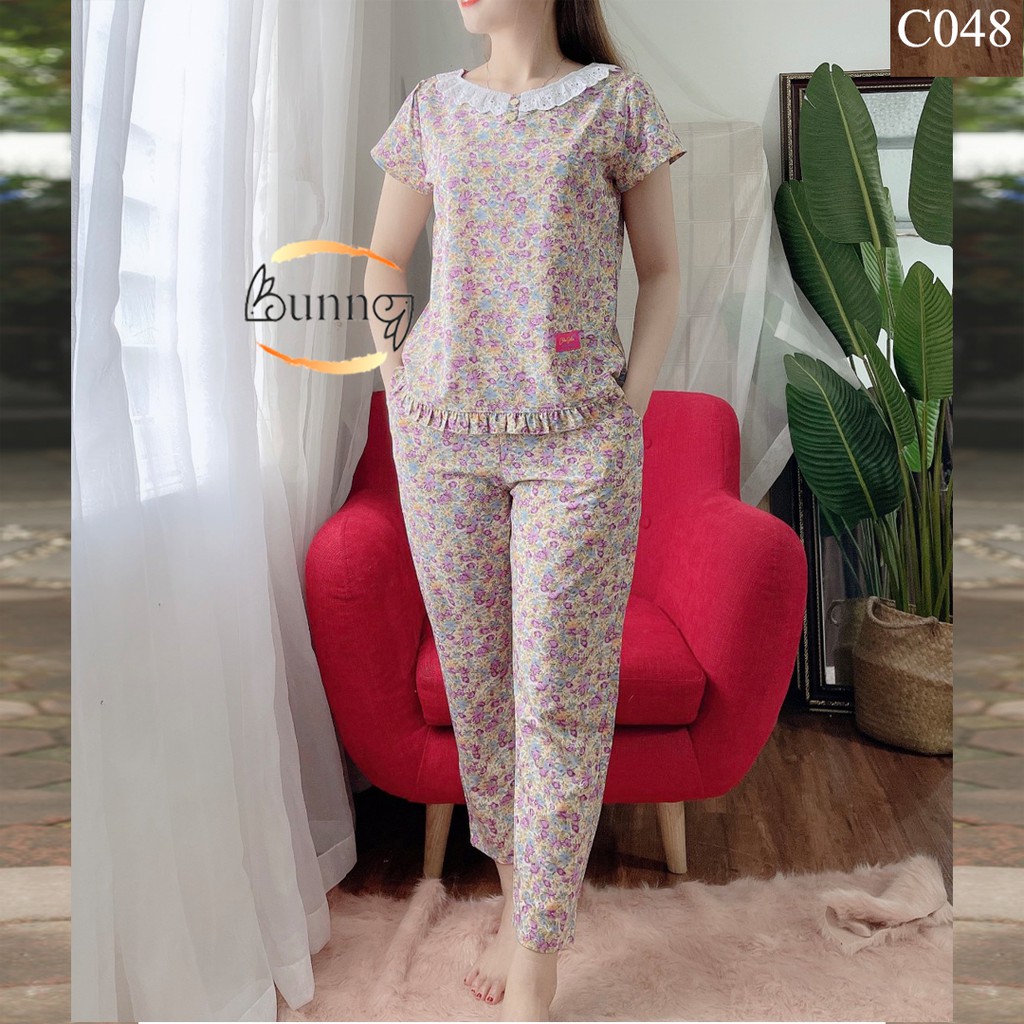 [BunnySky] ĐỒ BỘ NỮ MẶC Ở NHÀ, QUẦN ÁO NỮ QUẦN DÀI TAY CỘC HỌA TIẾT HOA LÁ