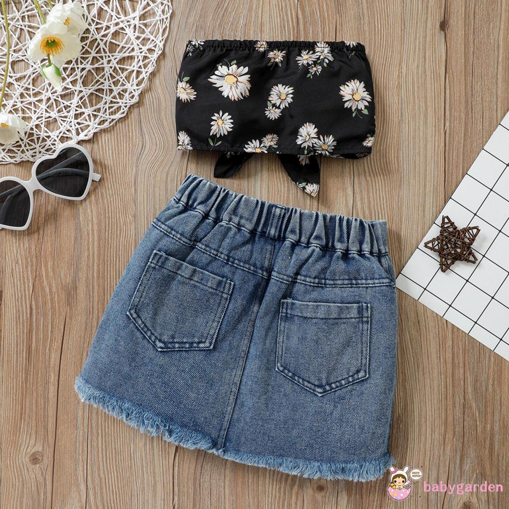 Set Đồ 2 Món Gồm Áo Không Tay Hở Vai In Hoa Cúc + Chân váy jean Rách Dành Cho Bé Gái 1-6 Tuổi