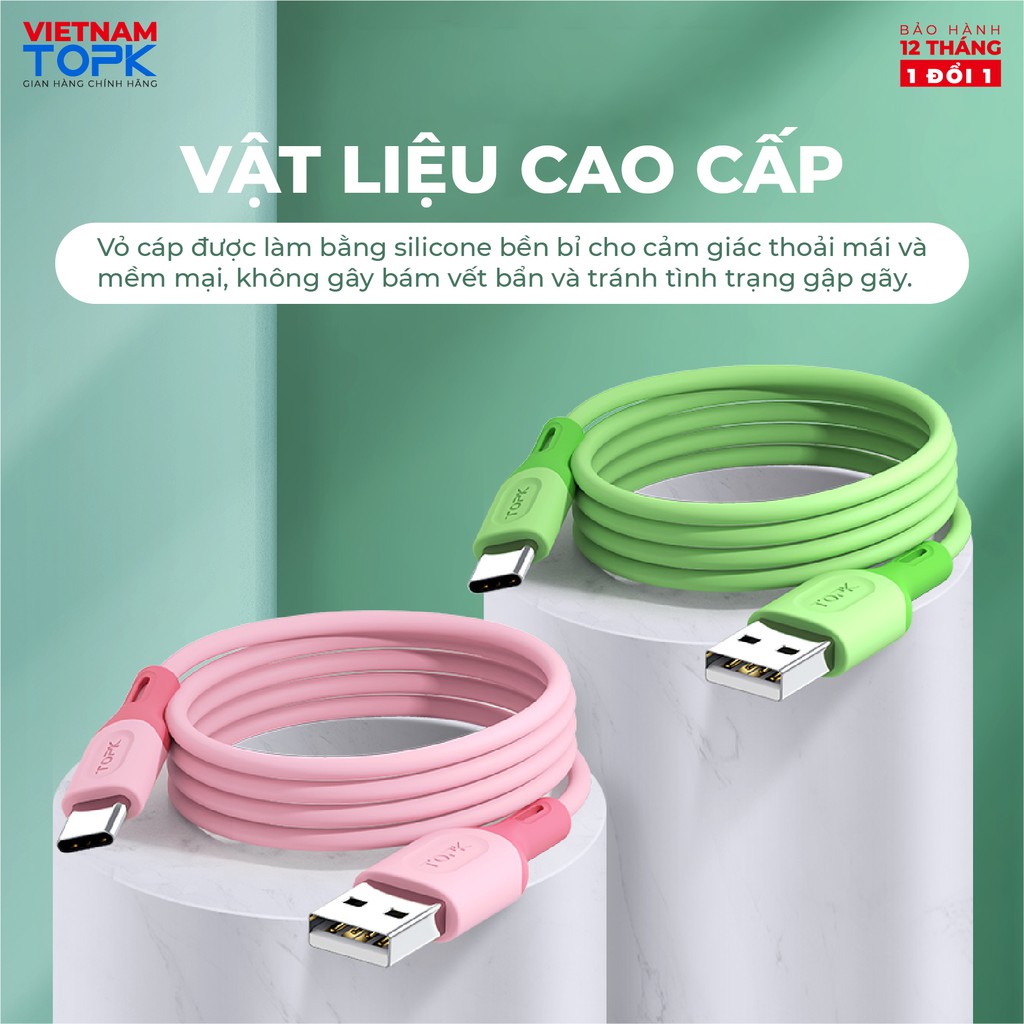 Dây cáp sạc dùng cho điện thoại TOPK AN84 Vỏ chống đứt gãy dài 1m - Hàng chính hãng Bảo hành 12 tháng 1 đổi 1