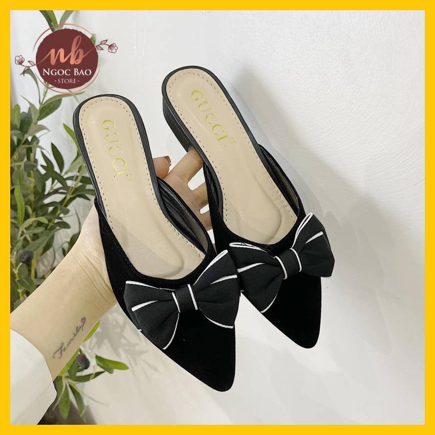 Sục nữ xinh mũi nhọn đính nơ 3 cm mang êm chân, sục nữ cao cấp da lộn