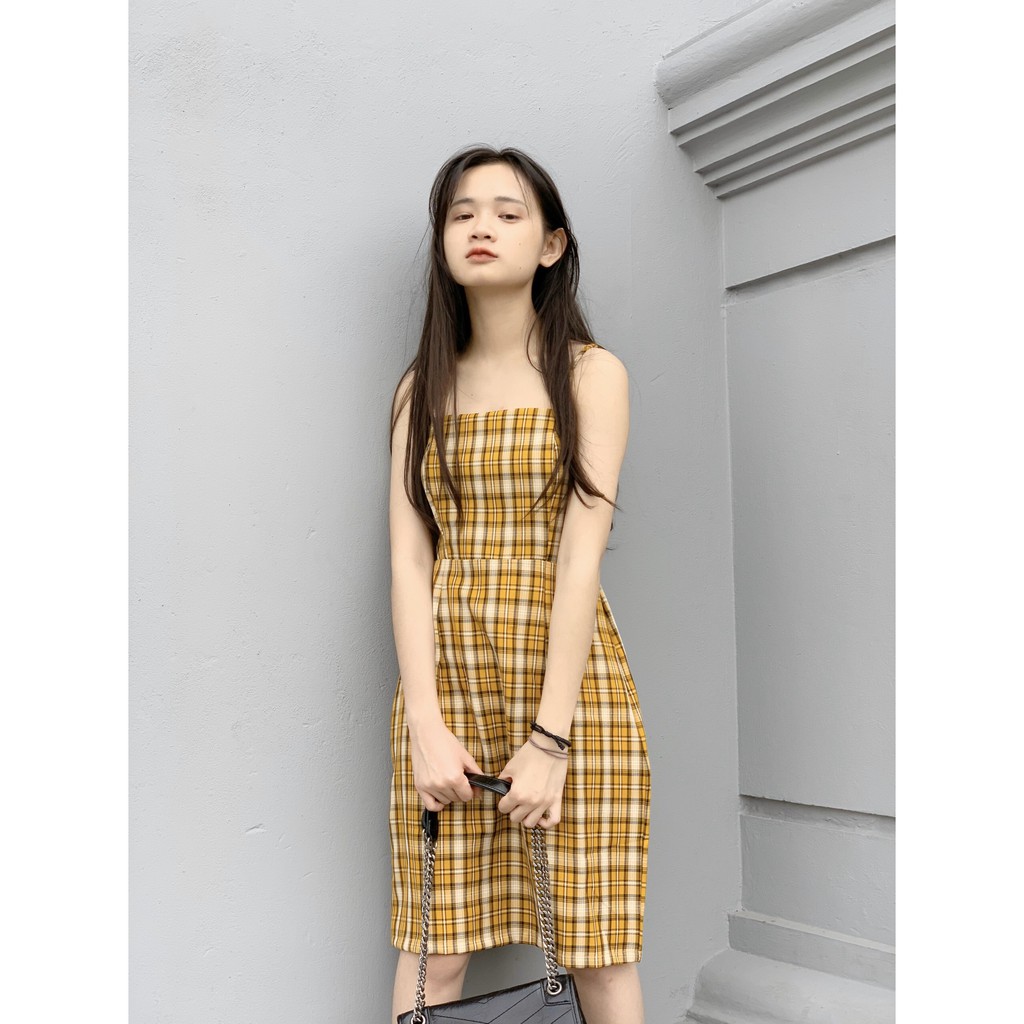 VÁY 2 DÂY KẺ CHUN LƯNG QUẢNG CHÂU - ĐẦM 2 DÂY CARO ULZZANG