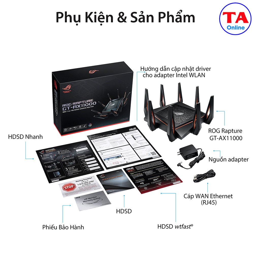 WiFi ASUS GT AX11000 Bộ phát ROG RAPTURE Ba băng tần Chuẩn AX tốc độ 11000Mbps Chuyên dành cho Gaming