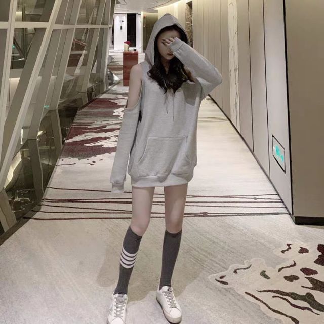 Đầm hoodie nón hở vai Ulzang style có bigsize