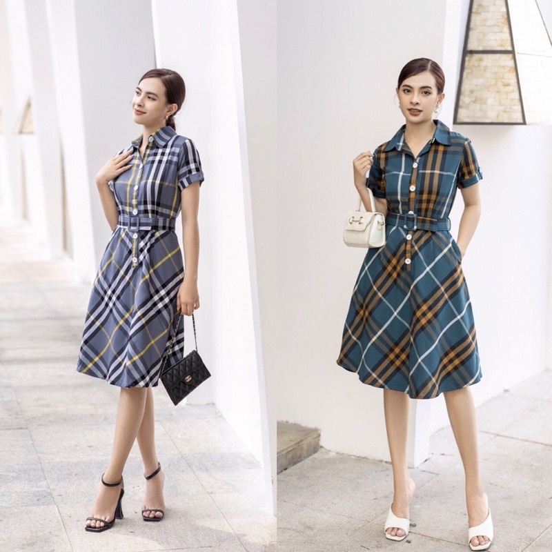 Đầm caro cổ sơ mi phối ren