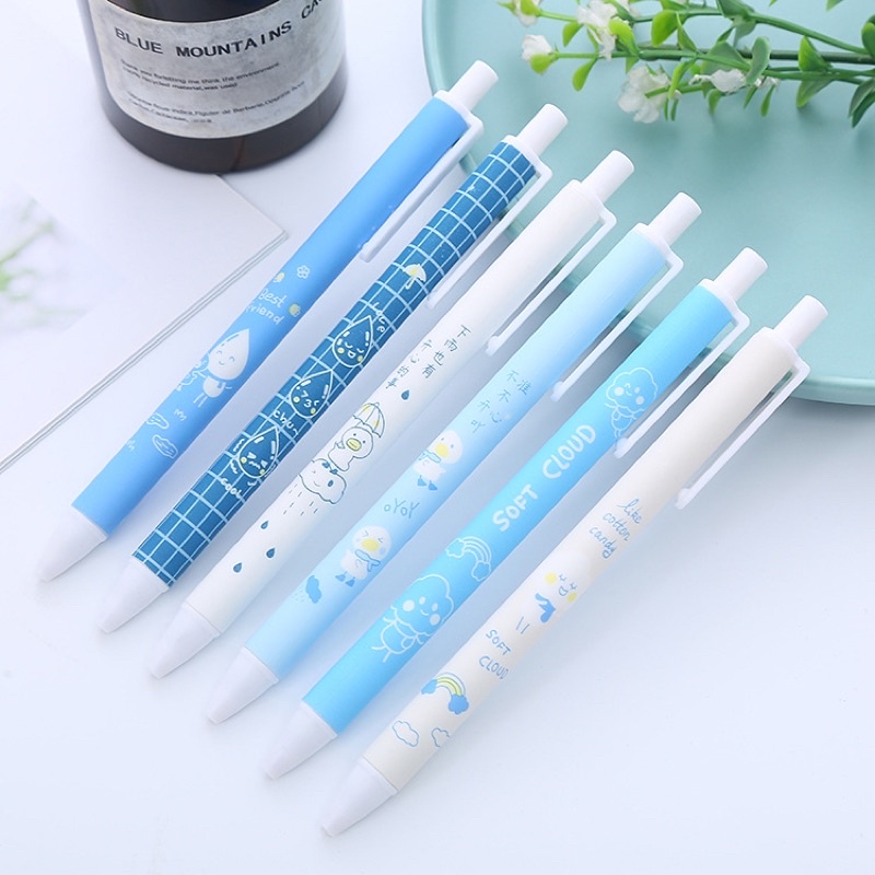 Bút bi bấm màu xanh dương pastel cute 0.5mm, bút bi bấm dễ thương mực đen có ruột thay thế Ếch Ộp Vpp