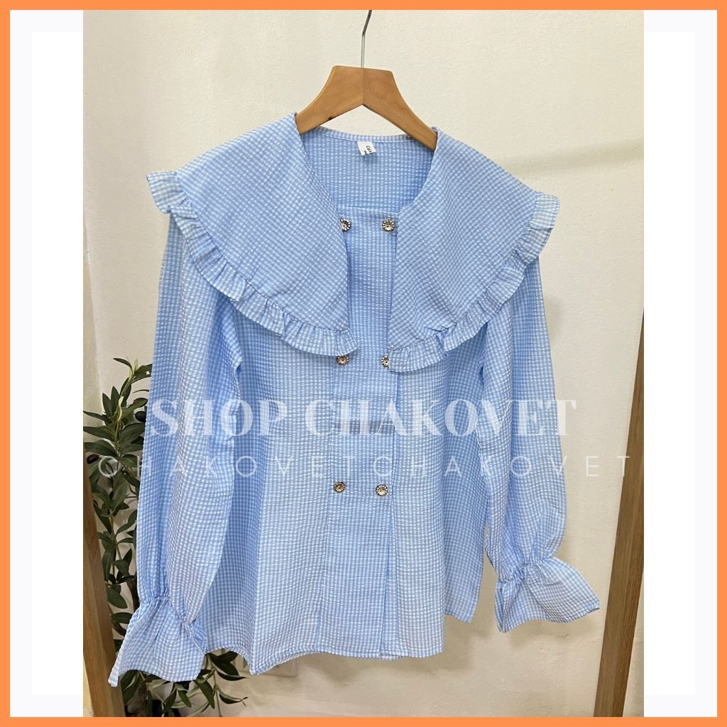 Áo kiểu nữ đẹp bánh bèo cổ bèo A8143 tay dài bồng bo chun thiết kế 2 hàng cúc cá tính phong cách thời trang hàn quốc