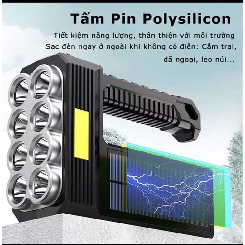 Đèn pin cầm tay 8 bóng siêu sáng❤️ FREE SHIP❤️ có pin tích điện năng lượng mặt trời kèm sạc điện