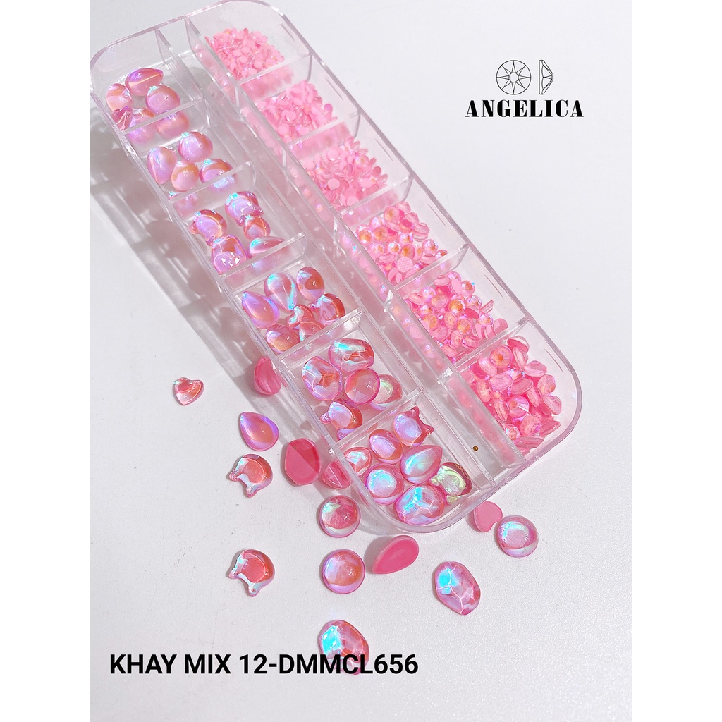 Khay Đá Mắt Mèo Mix Đá Chân Lưới, Chân Keo Đính Nail Màu Hồng Trang Trí Móng ANGELICA M12-DMMCL