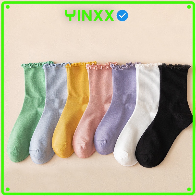 Tất trơn cổ ren Yinxx, vớ cổ cao phối bèo cotton phong cách lolita TV04