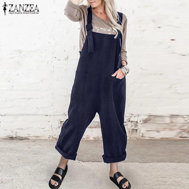 Jumpsuit Yếm ZANZEA Dài Ống Rộng Thời Trang Nữ Tính